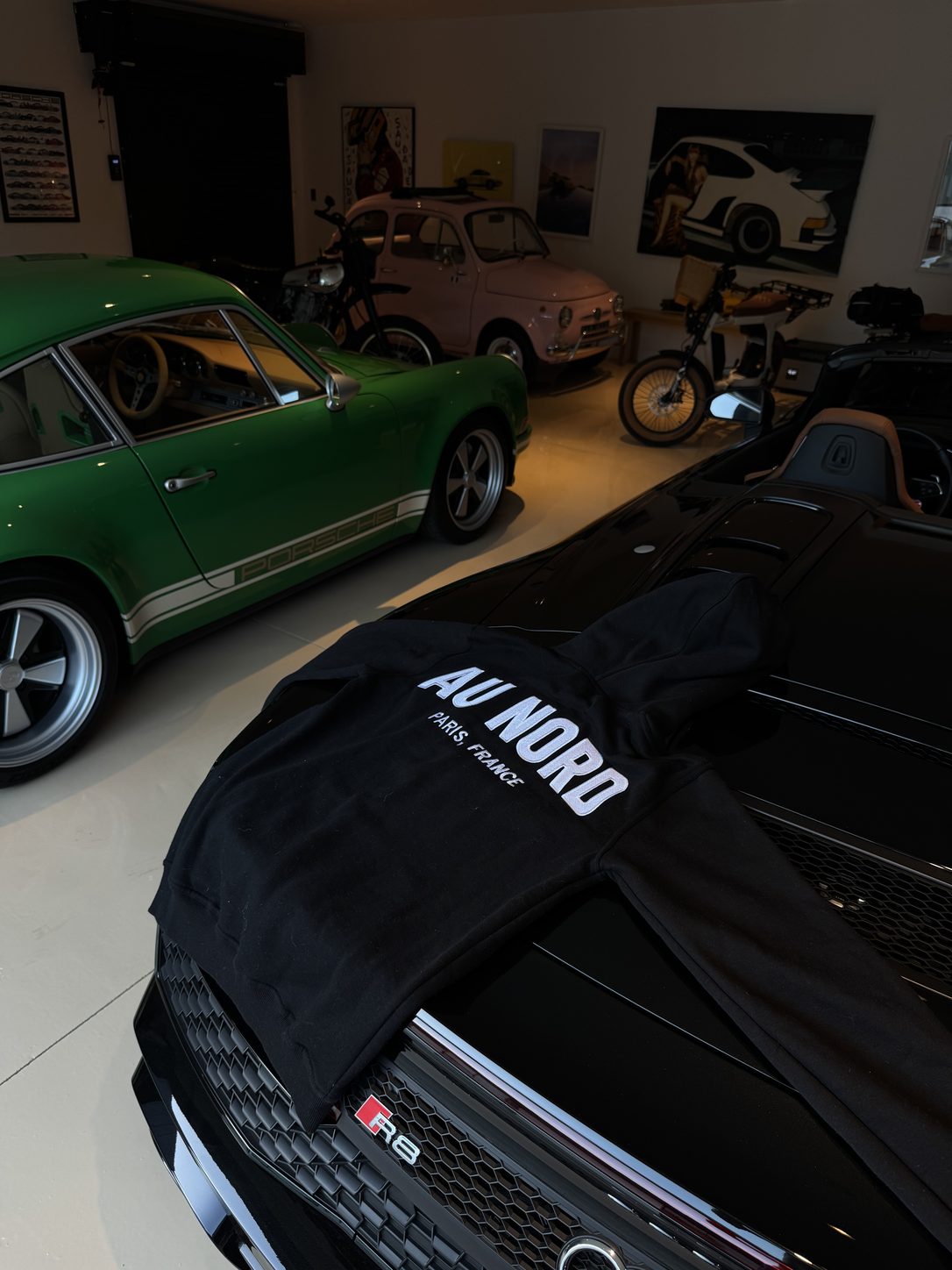 au nord hoodie — draped over the r8, 911 alongside